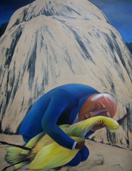 Yoo Jin-Sook,old man and bird, used briqquet, acrylic on canvas,116x91cm,2009